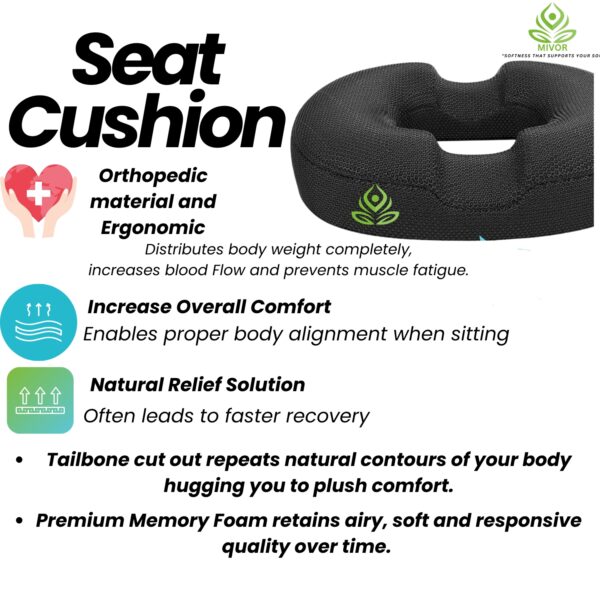 Donut Coccyx Pillow for Tailbone Pain Orthopedic Coccyx Cushion for Tailbone, Piles, Hemorrhoids & Lumbar Pain Relief | Ideal for Sitting at Home, Office & Car – Black" - Image 3