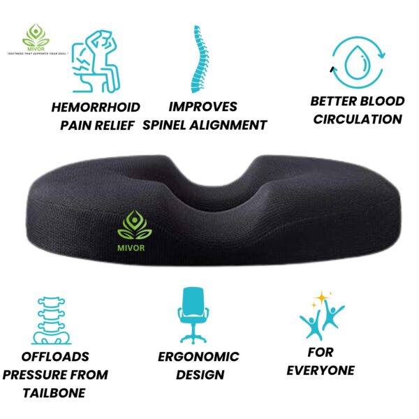 Donut Coccyx Pillow for Tailbone Pain Orthopedic Coccyx Cushion for Tailbone, Piles, Hemorrhoids & Lumbar Pain Relief | Ideal for Sitting at Home, Office & Car – Black" - Image 4