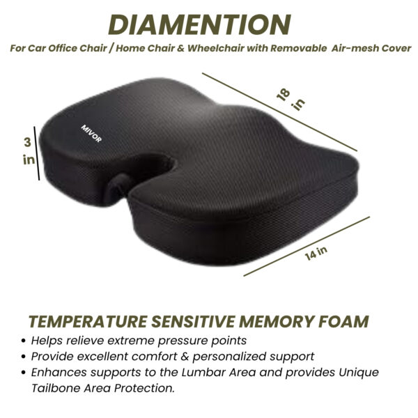 Coccyx Seat Cushion- MEMORY FOAM, SPINE, KNEE & LOWER BACK ORTHOPEDIC SUPPORT WITH ERGONOMIC DESIGN WITH MIVOR PRODUCT. WWW.MIVOR.IN- BUY NOW
