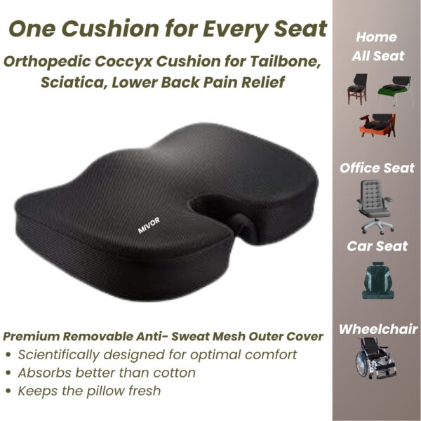 Coccyx Seat Cushion- MEMORY FOAM, SPINE, KNEE & LOWER BACK ORTHOPEDIC SUPPORT WITH ERGONOMIC DESIGN WITH MIVOR PRODUCT. WWW.MIVOR.IN- BUY NOW
