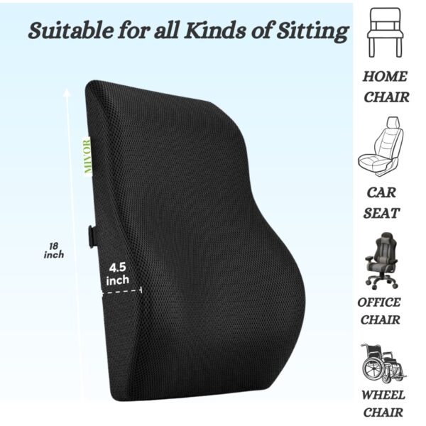 Mivor Back Support Pillow – Orthopedic Memory Foam Lumbar Cushion for Office, Car & Home | Mesh Black | Pain Relief | Size- 18x15x5 | 2-Year Warranty - Image 2