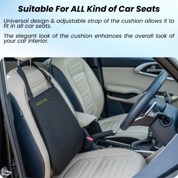 Mivor Car Seat Back Support | 2 Years Warranty | Memory Foam Backrest Lumbar Support Cushion for Comfortable Long Drive & Daily Commute | Suitable for All Car Seats (Black, Pack of 1) - Image 3