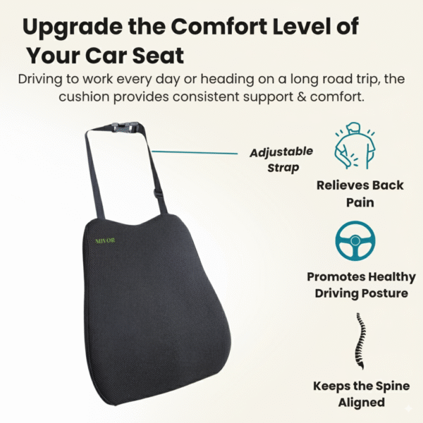 CAR SEAT BACKREST, CAR ACCESSORIES, MEMORY FOAM, SPINE, KNEE & LOWER BACK ORTHOPEDIC SUPPORT WITH ERGONOMIC DESIGN WITH MIVOR PRODUCT. WWW.MIVOR.IN- BUY NOW