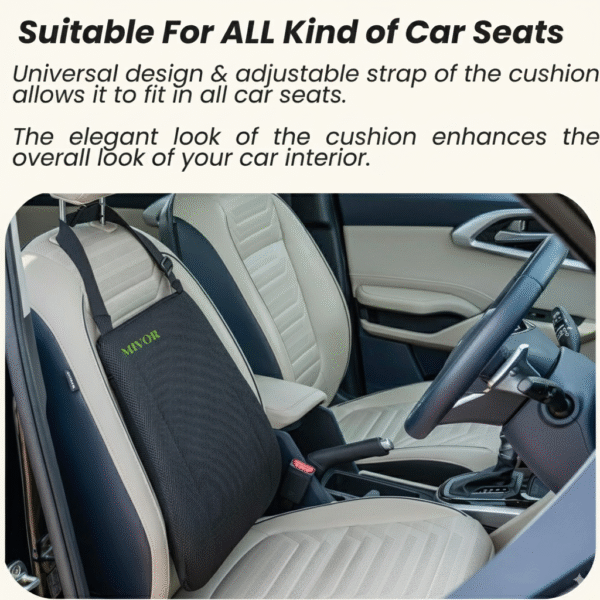 CAR SEAT BACKREST, CAR ACCESSORIES, MEMORY FOAM, SPINE, KNEE & LOWER BACK ORTHOPEDIC SUPPORT WITH ERGONOMIC DESIGN WITH MIVOR PRODUCT. WWW.MIVOR.IN- BUY NOW