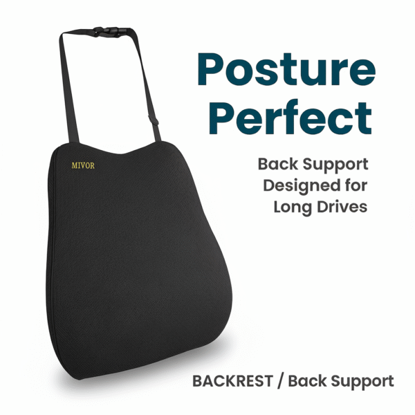 CAR SEAT BACKREST, CAR ACCESSORIES, MEMORY FOAM, SPINE, KNEE & LOWER BACK ORTHOPEDIC SUPPORT WITH ERGONOMIC DESIGN WITH MIVOR PRODUCT. WWW.MIVOR.IN- BUY NOW